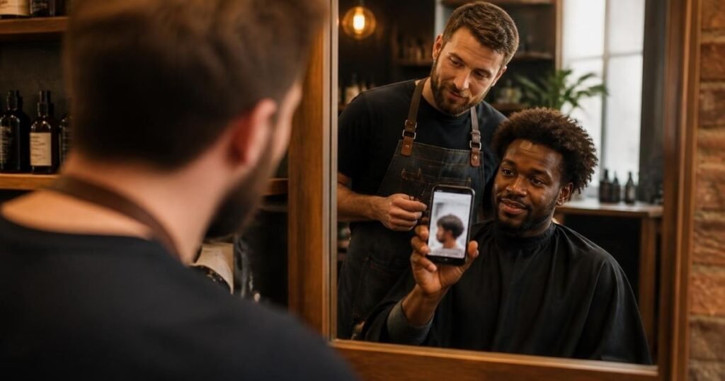 Man in a barber chair showing a reference photo on his phone to a barber before getting a comb over haircut