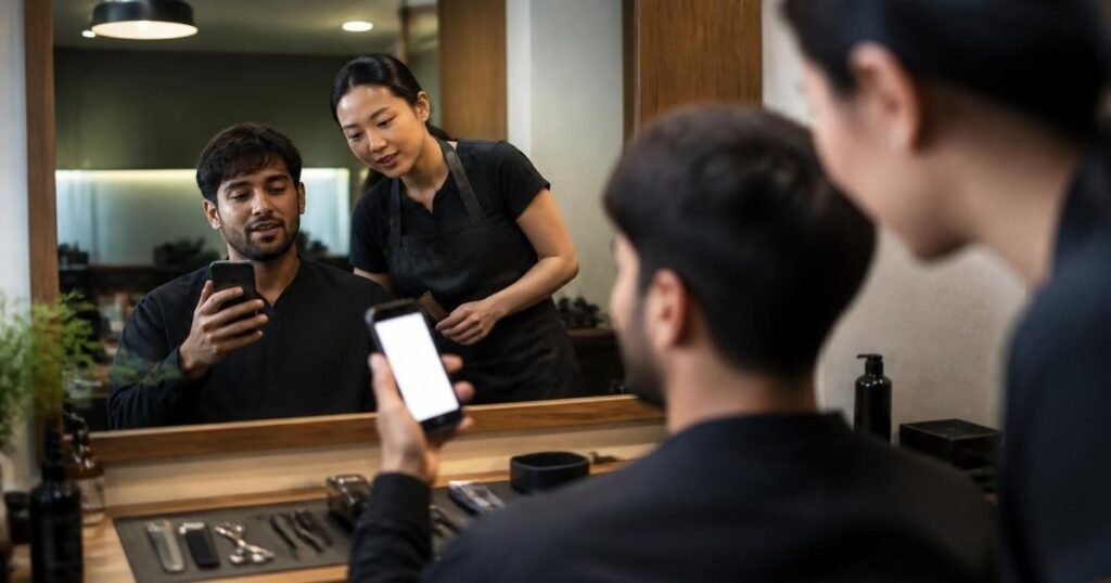 Client showing a barber a reference haircut photo on his phone in a barbershop mirror