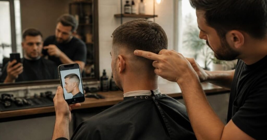 Client showing a barber a reference photo on a phone while the barber points to how high the sides should go.