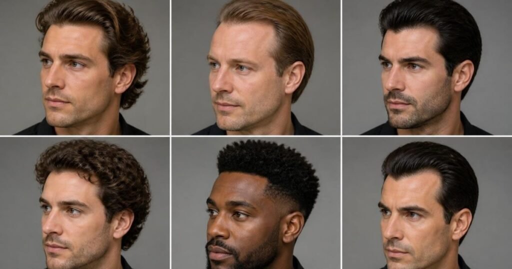 Six side-by-side close-ups of men with wavy, fine, thick, curly, coily, and widow’s-peak hair, each swept back in a different way