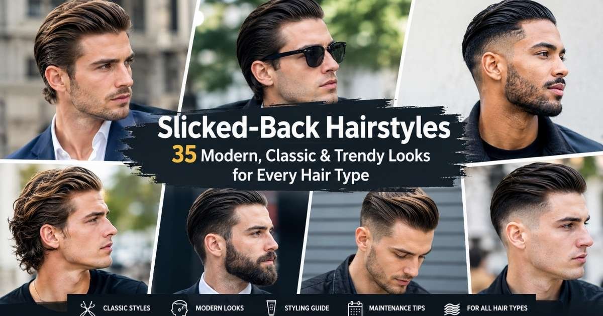 Men’s slicked-back hairstyles featuring classic, textured, faded, and modern looks for different hair types.