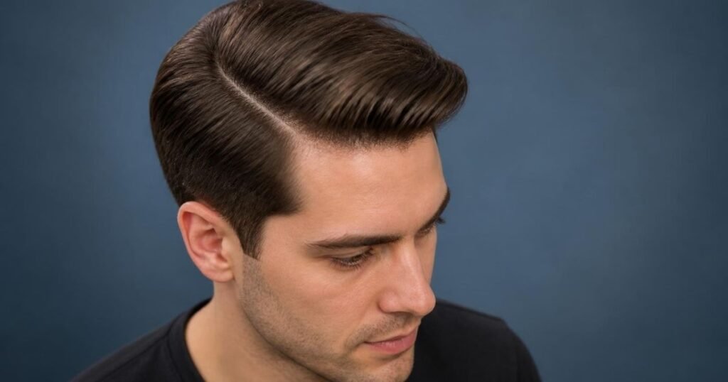 Man with straight dark-brown hair, a defined side part, lifted roots and short tapered sides, seen from a slightly raised angle
