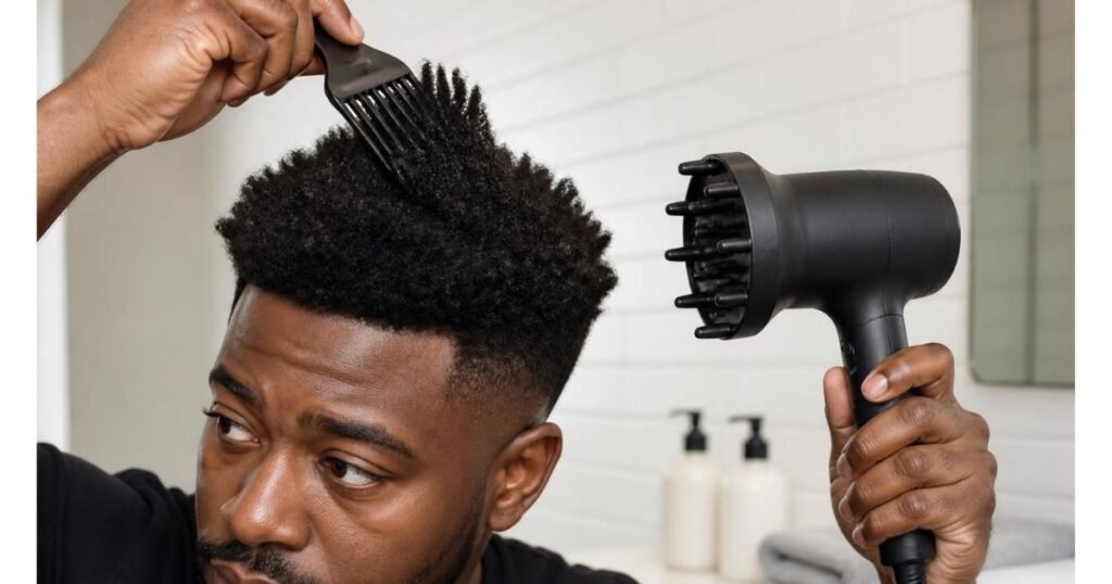 Close-up of hands using an afro pick and a blow dryer to lift the top of natural hair with a low taper.