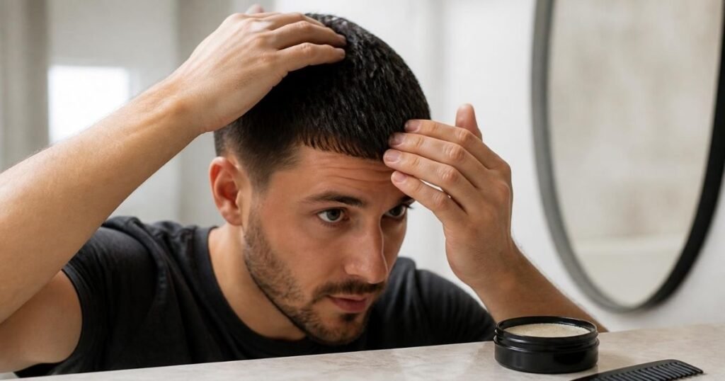 Man working a small amount of matte clay through short hair to style a forward fringe