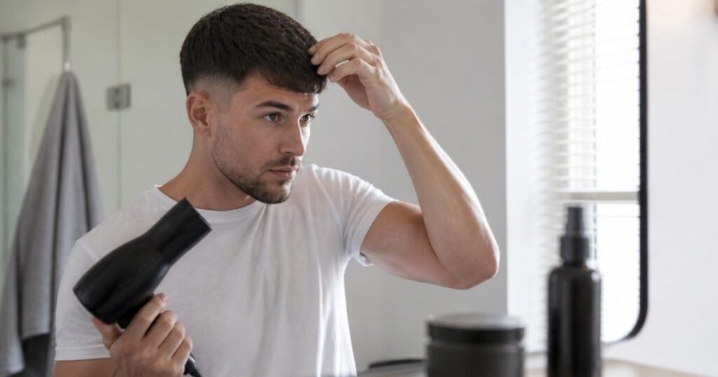Man drying and shaping a short fringe forward at a bathroom mirror, with a jar of styling clay and a sea salt spray bottle on the counter