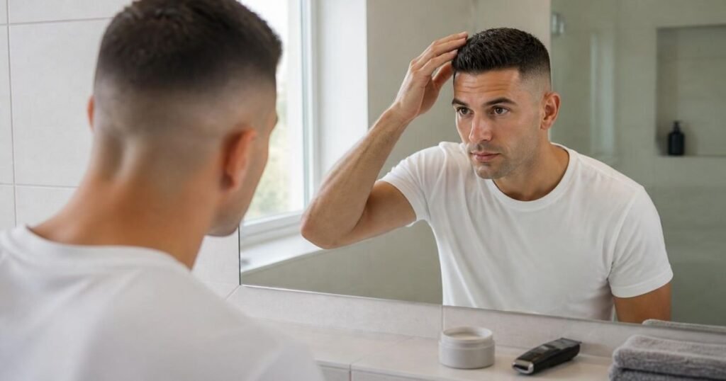 Man working a small amount of matte clay through the top of his short haircut at a bathroom mirror.