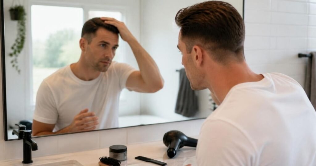 Man styling his Ivy League haircut at a bathroom mirror with matte clay, a comb and a brush on the counter