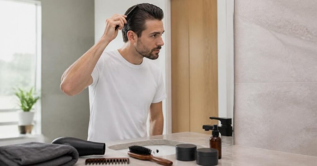 Man combing his hair back at a bathroom sink with styling tools and unlabeled product jars on the counter