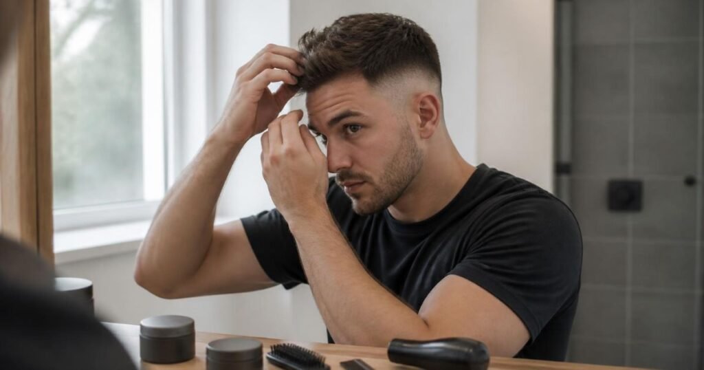 Man working matte styling clay through the longer top of his undercut fade at a bathroom vanity, with a comb and blow dryer nearby