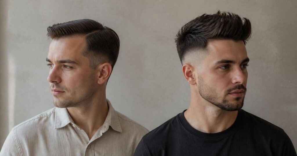 Two men side by side, one with a low blended undercut fade and a combed top, the other with a high skin fade and a taller textured top