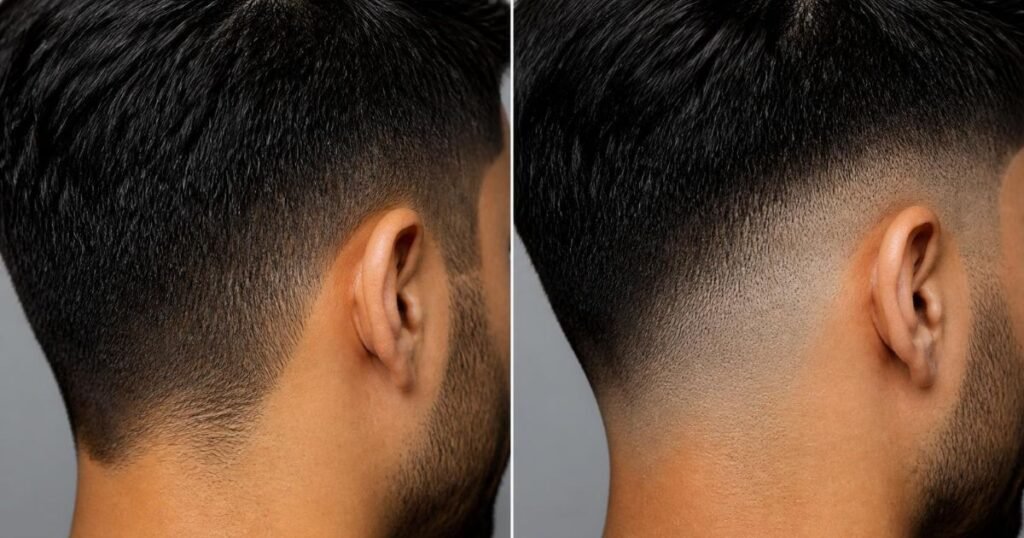 Close-up comparison of a soft taper and a shorter fade behind the ear and along the neckline