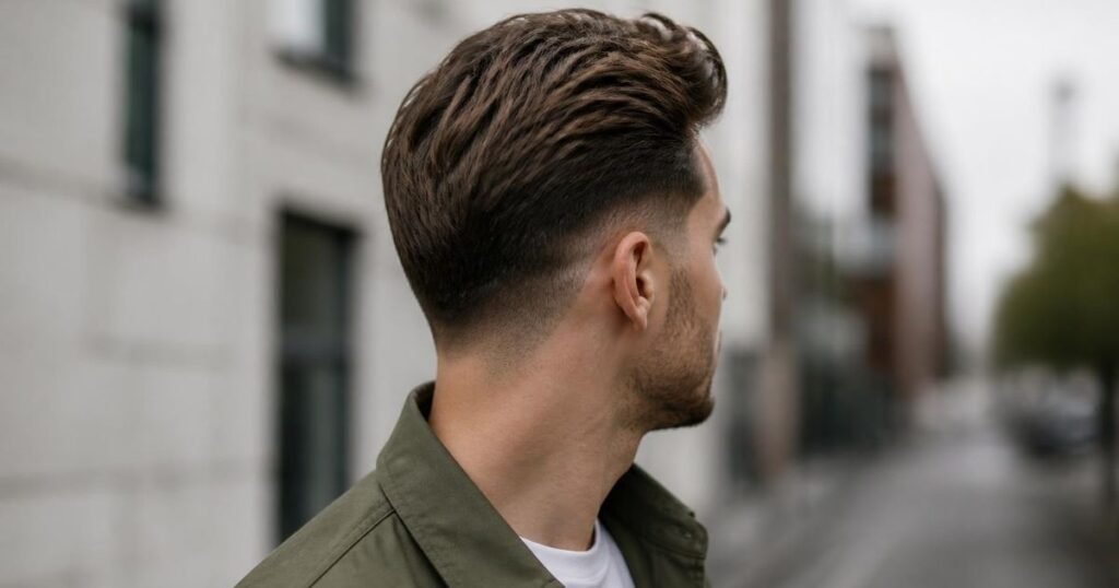 Side-rear view of a man with a matte textured slicked-back hairstyle, raised crown volume, and a burst fade curving around the ear