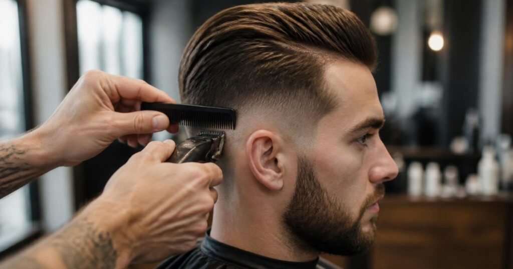Barber blending the short sides of a client's undercut fade with clippers and a comb while the longer top hair is combed out of the way