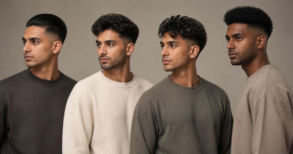 Four men standing side by side, each with a different hair type styled with an undercut fade: straight, wavy, curly, and coily