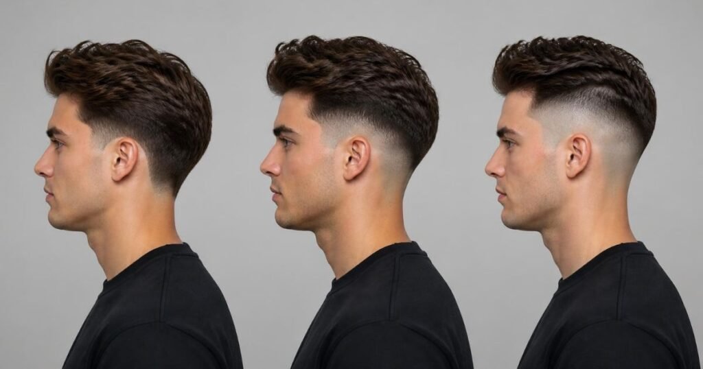 Three men in side profile showing low, mid, and high undercut fade heights next to each other