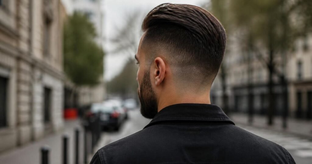 Man seen from behind in three-quarter view showing the strong contrast between a faded short side and a longer styled top