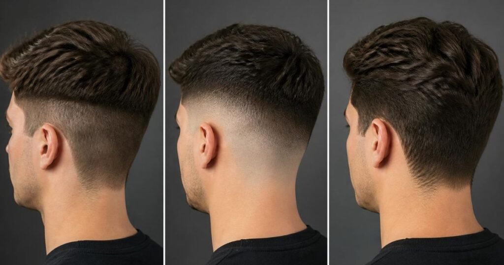 Three close-ups comparing a disconnected undercut, a skin fade, and a taper around the sideburns and neckline