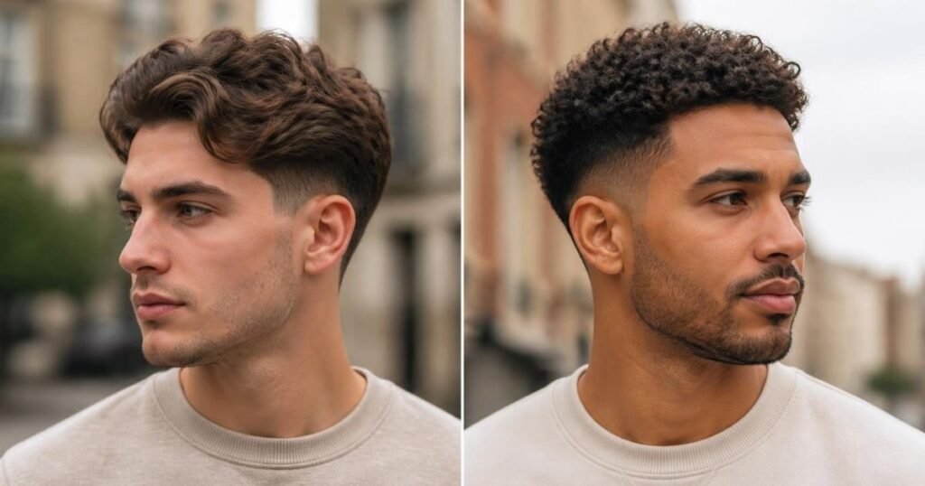 Two men side by side, one with a wavy top and one with a curly top, both with short tapered sides